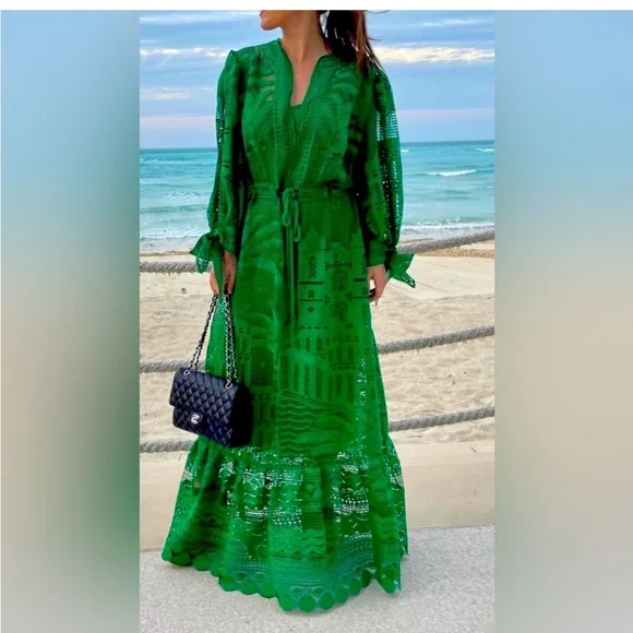 Like New House of Harlow 1960 Dress Morada boa Guipure emerald green lace sz Sm - Picture 12 of 12
